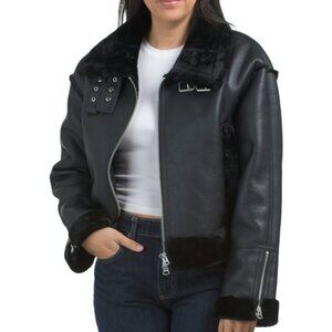 NWT $298 HUDSON Faux Leather Cropped Aviator Jacket Faux Fur Trim Black LARGE